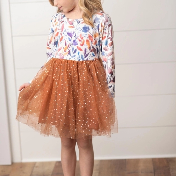 Other - Floral Long Sleeve Dress with Sparkly Tulle Skirt For Girls